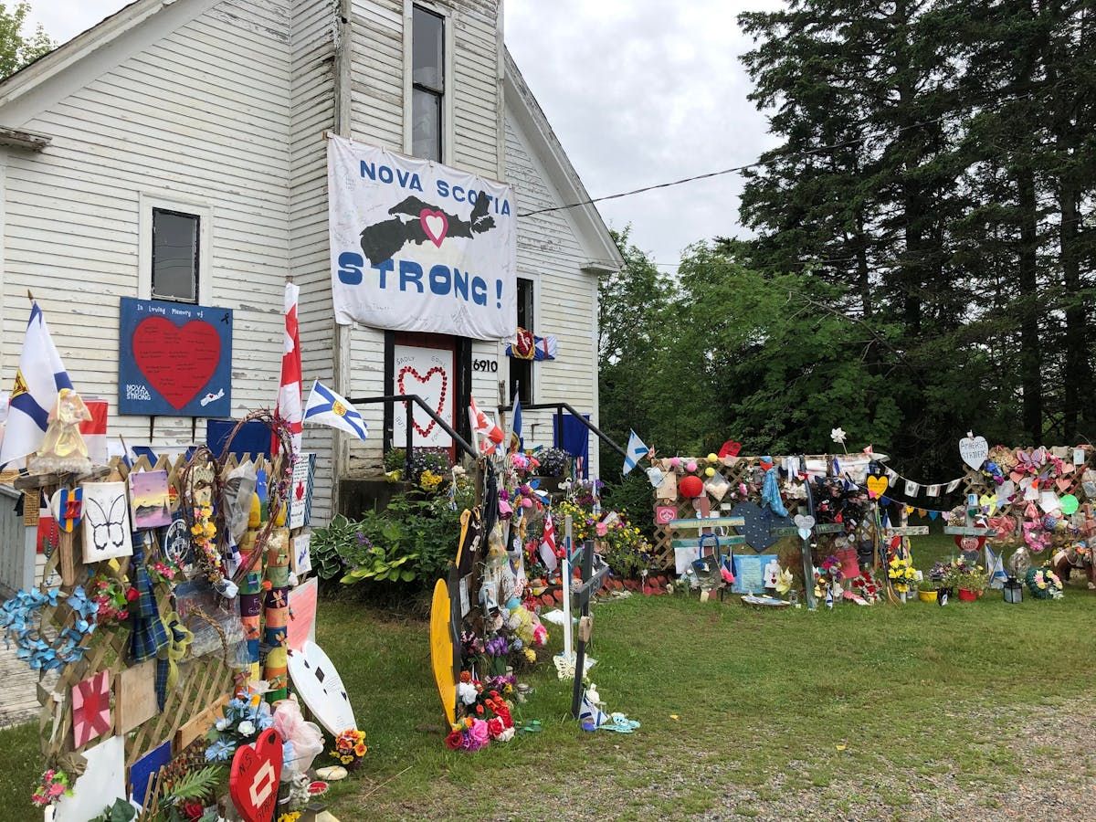  a memorial to the 22 people murdered in april 2020 in several small nova scotia communities was built at a former church building along the main road leading into portapique, colchester county.