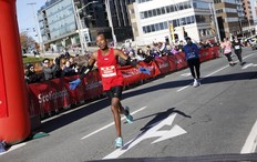 Dennis Mbelenzi crosses the finish line to win the Blue Nose Marathon in Halifax in November 2021.