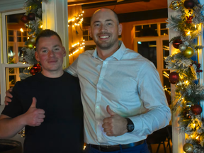 Pictou West MLA Marco MacLeod (right) is joined by campaign manager Scott MacKinnon for a celebratory photo shortly after he was declared victor on Nov. 26, 2024. Richard MacKenzie
