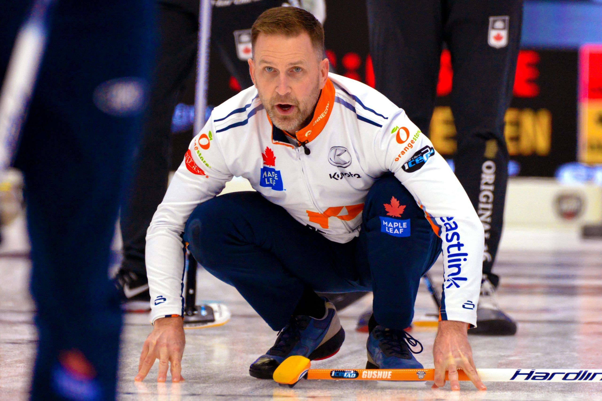 Brad Gushue watches his rock during the Grand Slam of Curling event at the Mary Brown’s Centre Thursday night.Keith Gosse/The Telegram