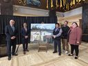 The fourth unveiling of Indigenous artwork to be displayed in the Confederation Building took place on March 25, 2025 for the Innu Nation. From left to right: Minister Scott Reid, Premier Andrew Furey, Innu Nation Grand Chief Simon Pokue, Deputy Grand Chief Chris Rich, and Cultural Guardian Jodie Ashini.
