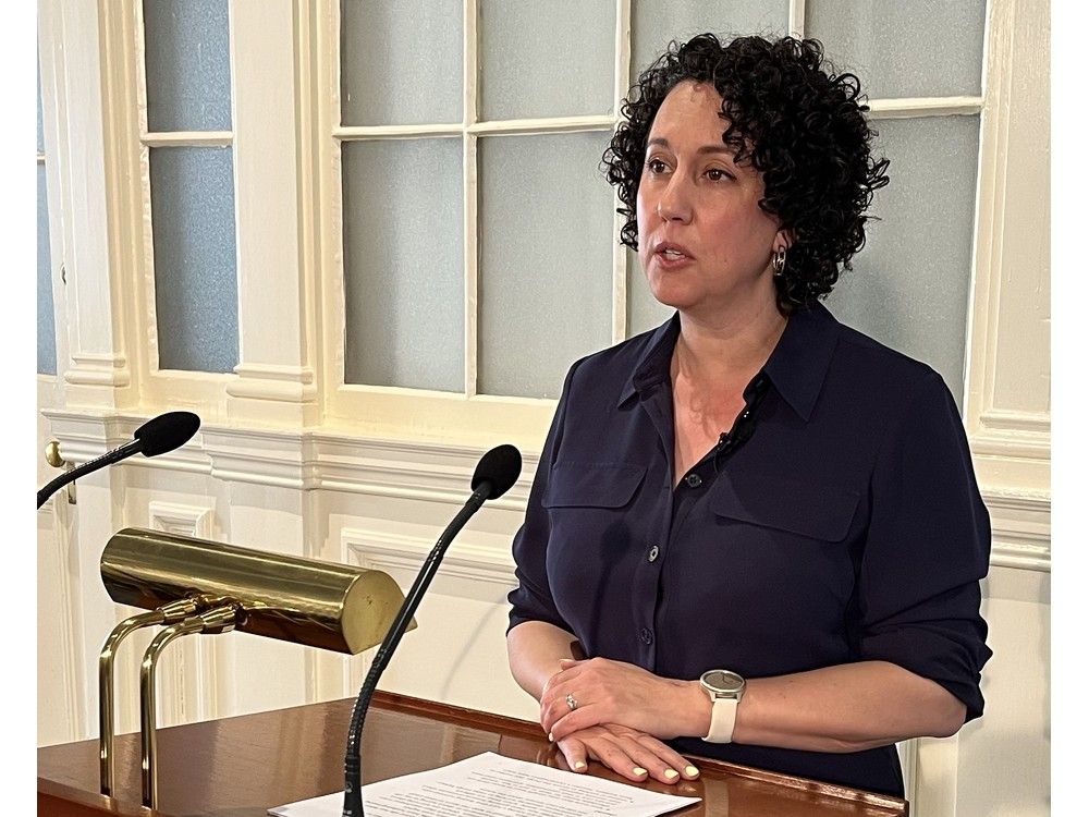  opposition leader claudia chender speaks to media at province house in halifax on monday, june 23, 2025.