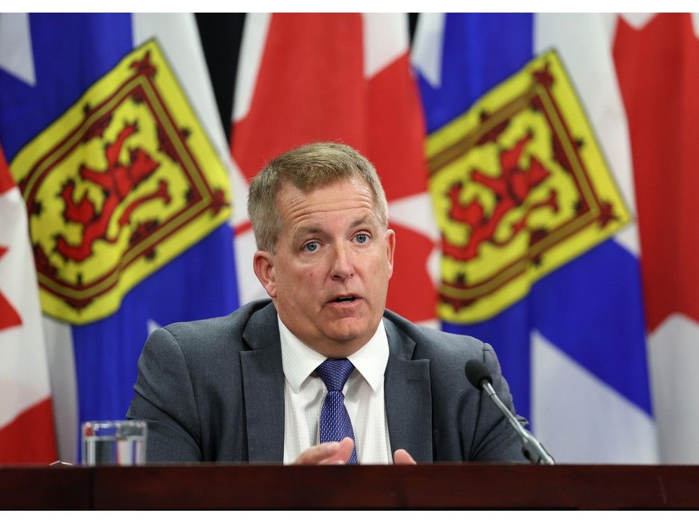 scott armstrong, minister of opportunities and social development, makes remarks concerning the release of the nova scotia human rights remedy annual progress report at a news conference in halifax on tuesday june 10, 2025.