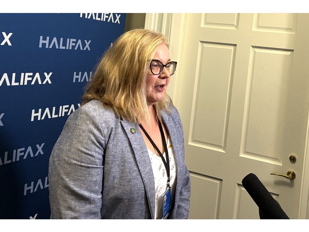 Cathie O'Toole, chief administrative officer for the Halifax Regional Municipality, speaks to reporters about her resignation at City Hall on Thursday.