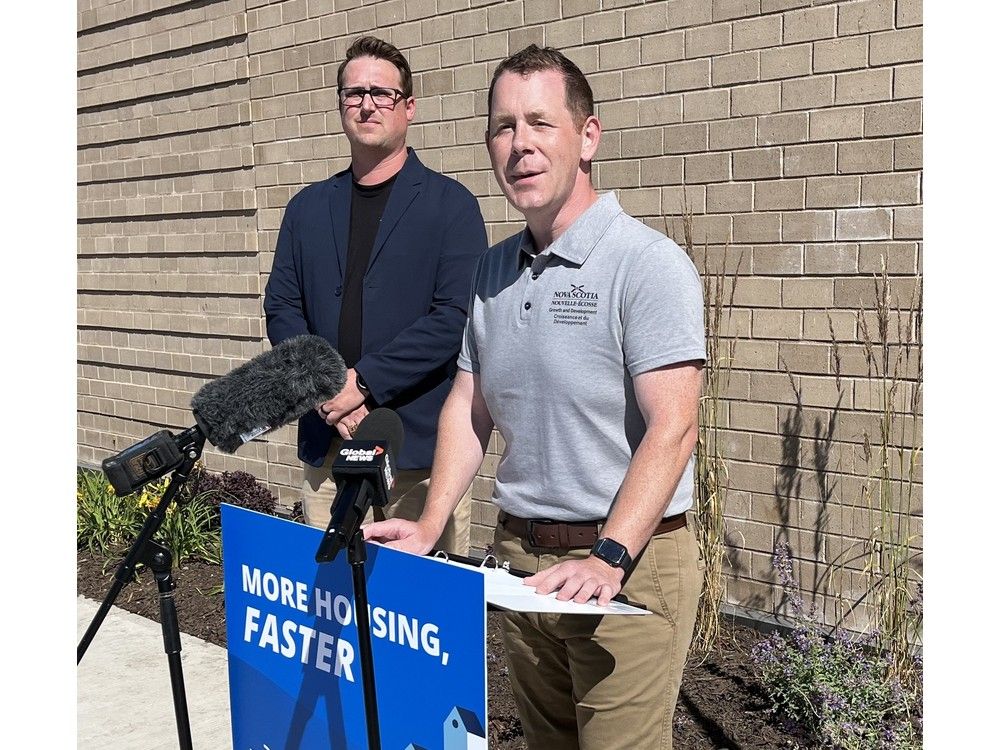  growth and development minister colton leblanc makes a housing announcement, along with rooted ceo nick russell, at a new 18-unit building on circassion drive in cole harbour on tuesday.