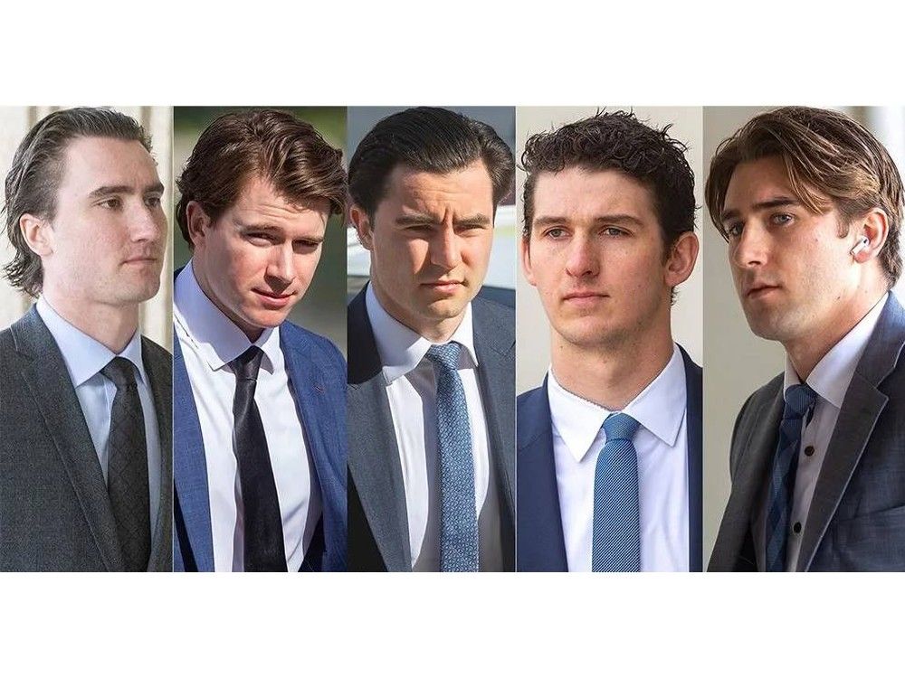  from left: alex formenton, cal foote, michael mcleod, carter hart and dillon dube. all are shown entering the london courthouse on july 24, except mcleod, who is shown in a file photo.