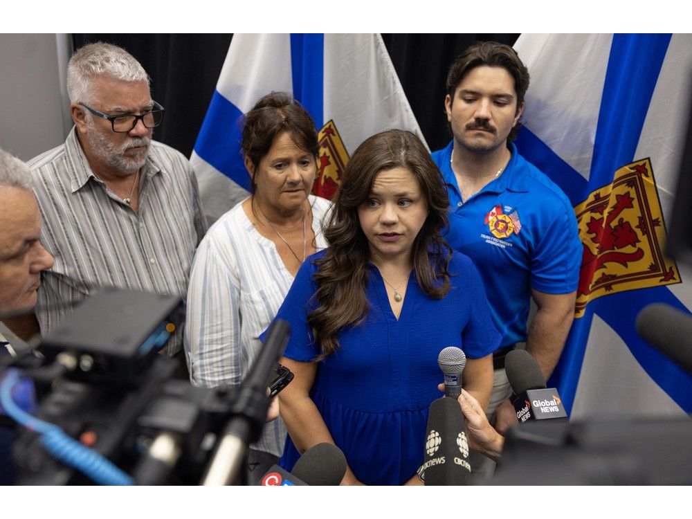  jessica gillis answers questions from reporters at one government place in halifax on tuesday, august 5, 2025. gillis’s brother, skyler blackie, was killed during a training exercise at the nova scotia firefighters school in waverley in 2019.
