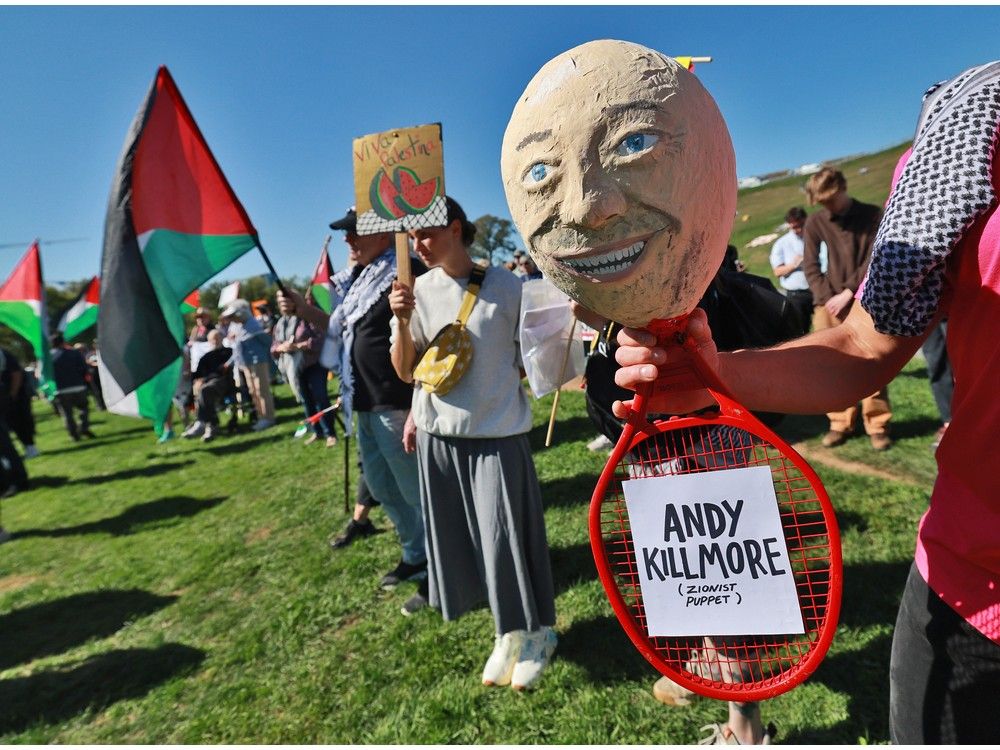 A demonstrator holds an effigy of Halifax Mayor Andy Filmore, as Pro-Palestinian demonstrators gather on the Garrison Grounds on Friday. – TIM KROCHAK A demonstrator holds an effigy of Halifax Mayor Andy Filmore, as Pro-Palestinian demonstrators gather on the Garrison Grounds on Friday. – TIM KROCHAK
