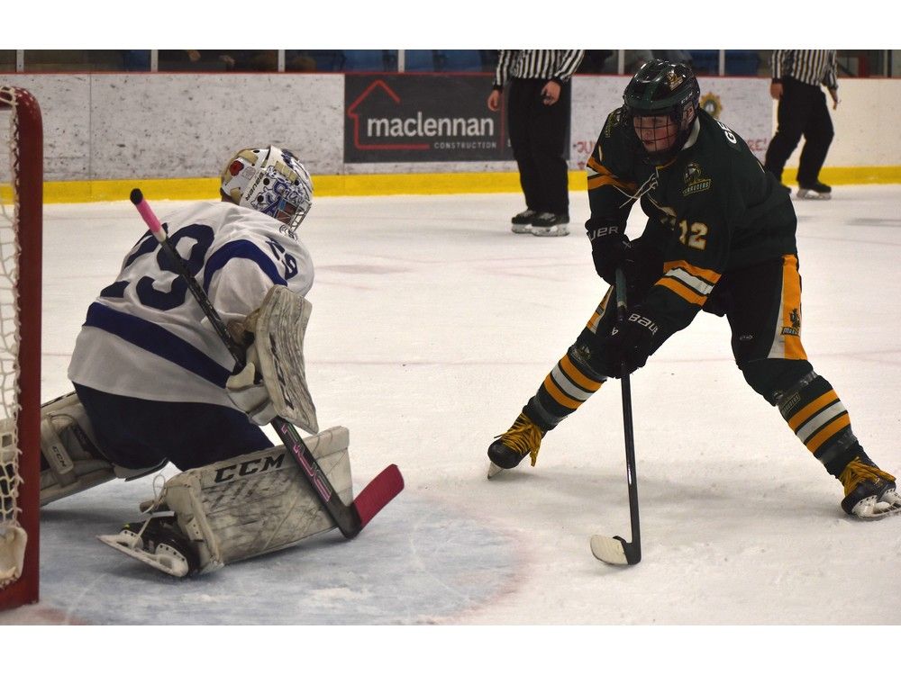 Jackson Gerrow of the Memorial Marauders, right, prepares to make a move on the Sydney Academy Wildcats goaltender during Cape Breton High School Hockey League action last season at Emera Centre Northside in North Sydney. Gerrow will be among the returning players to the Marauders lineup this season. JEREMY FRASER/CAPE BRETON POST