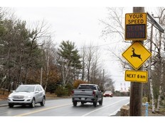 Vehicles pass by a speed display sign on Purcells Cove Road on Friday.