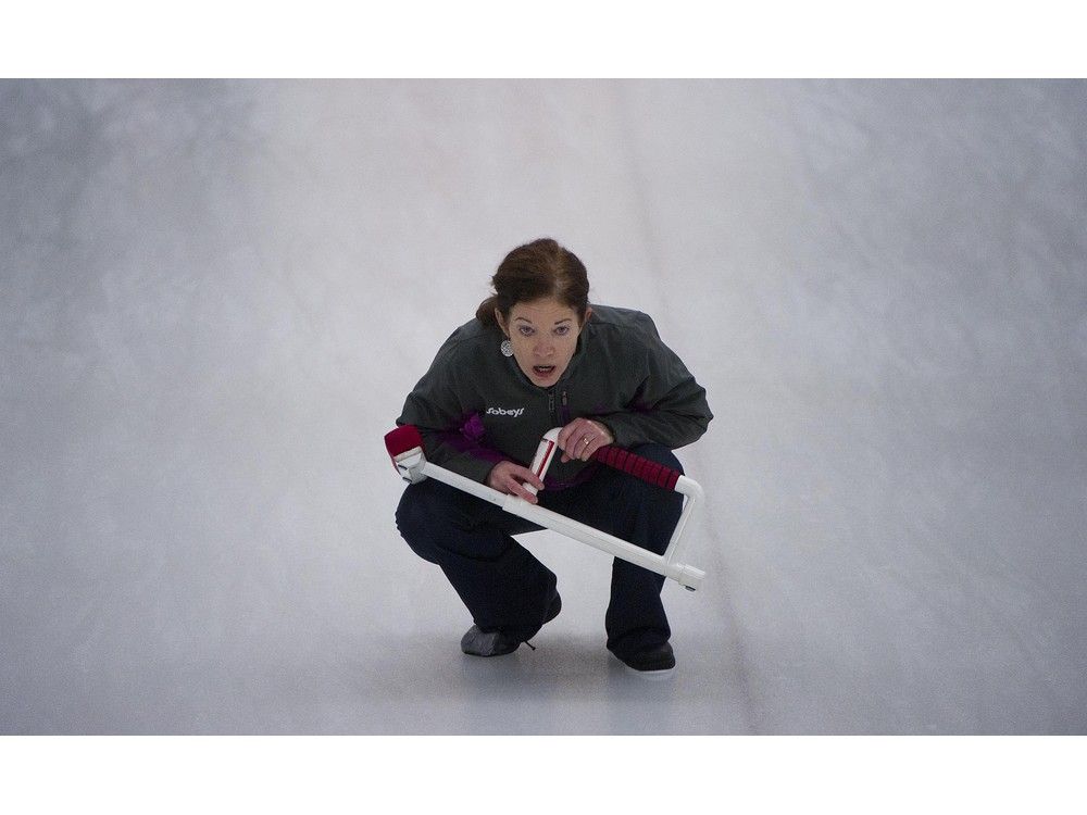  Colleen Jones looks at a delivery in the women’s final of the 2012 Nova Scotia Provincial Senior Curling Championship in Halifax on Feb. 5, 2012.