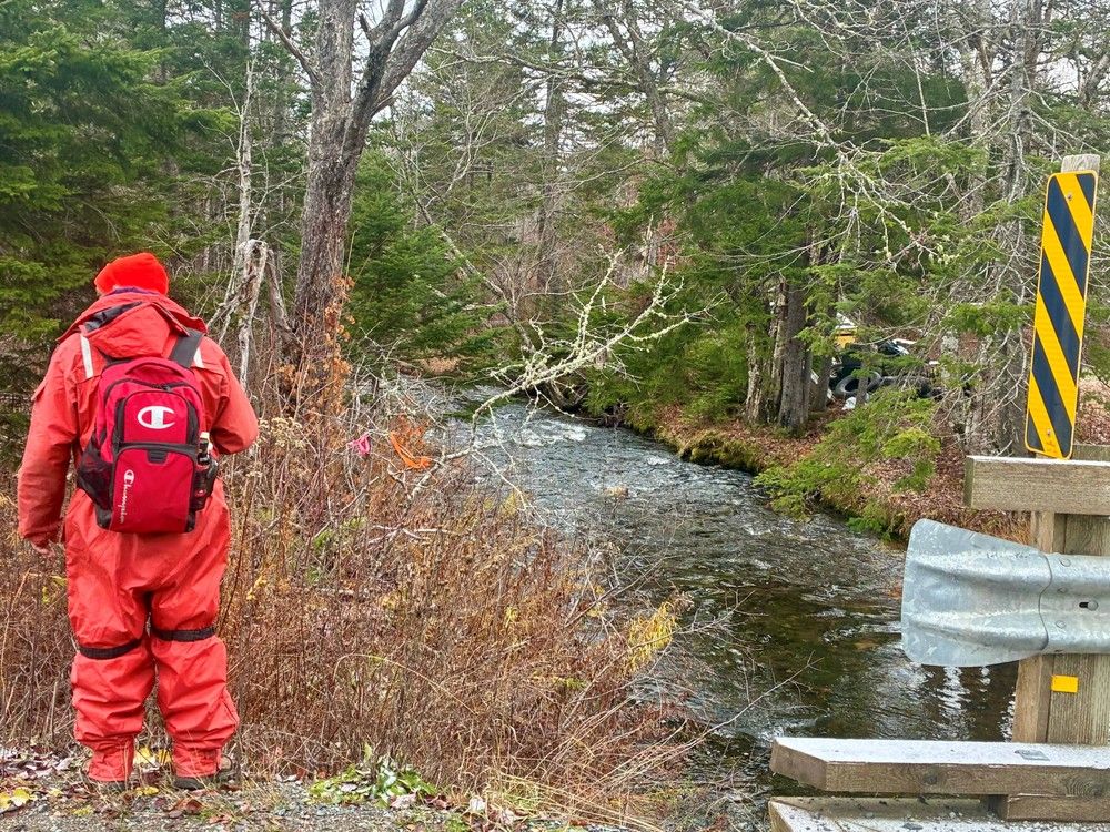 A group leader heads into the woods near the Middle River on Saturday, Nov. 15, 2025.