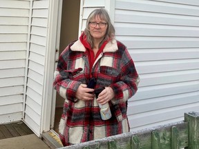 Belynda Gray, the paternal grandmother of Lilly and Jack Sullivan, stands outside Union Centre Community Hall in Pictou County on Saturday morning.