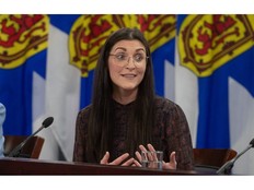 Jill Balser, minister of labour, skills and immigration, answers a question from a reporter following an announcement about a new continuing care assistant program at One Government Place on Thursday, Feb. 15, 2024.