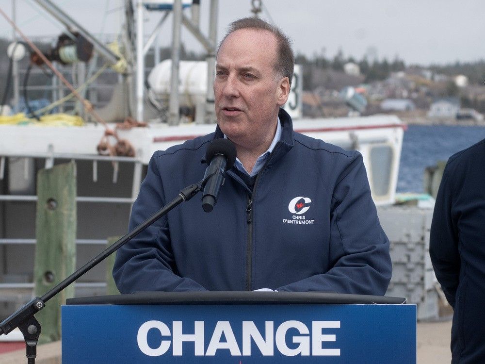 Chris d'Entremont, MP for Acadie-Annapolis, speaks at a press conference in West Dover on April 16.