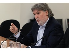 Nova Scotia Power CEO Peter Gregg answers questions from MLA Claudia Chender during a committee meeting at One Government Place on Tuesday, Nov. 25, 2025.