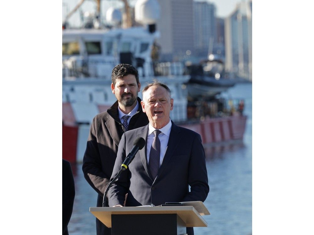  david j. mcguinty, minister of national defence, gives his remarks, as sean fraser, the minister responsible for the atlantic canada opportunities agency, looks on during an innovation announcement at the centre for ocean ventures and entrepreneurship (cove) in dartmouth on friday.