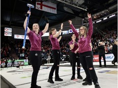 Team Christina Black of Nova Scotia celebrate their semifinal win after defeating Team Kerri Einarson 6-3 at the Canadian curling trials in Halifax on Thursday, Nov. 27, 2025.