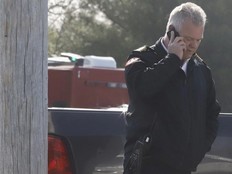 Halifax's then fire chief Ken Stuebing on his phone at the command centre for the wildfire in Upper Tantallon, in this file photo from May 29, 2023. Stuebing is now Greater Sudbury's GM of community services.