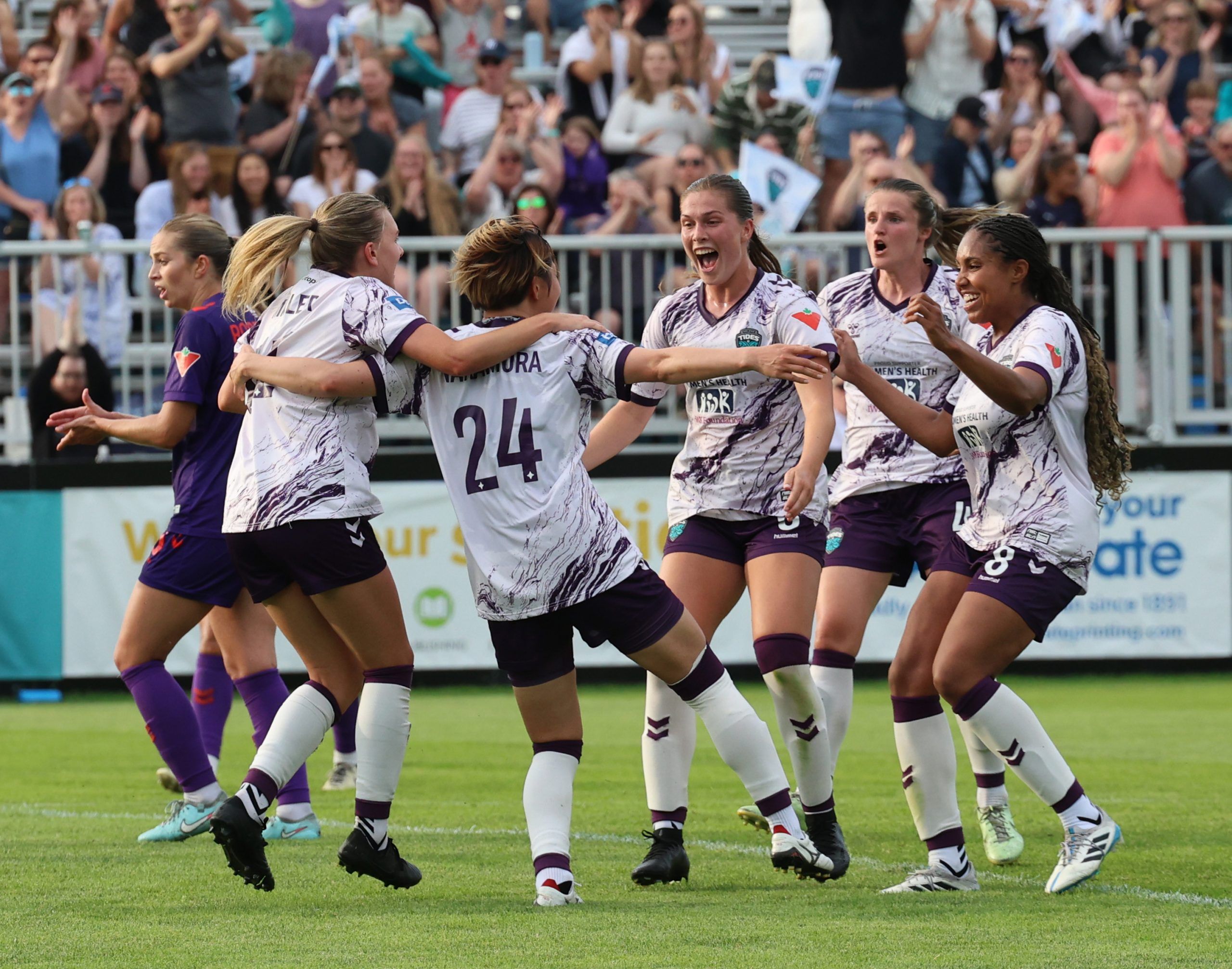  halifax tides players celebrate a goal last season in northern super league women’s soccer action at the wanderers grounds in halifax in july.