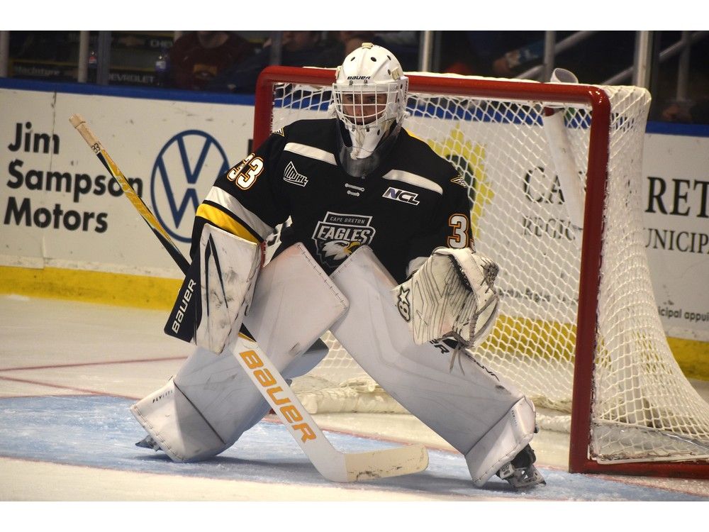 Cape Breton Eagles goaltender Connor Towle prepares for a shot during Quebec Maritimes Junior Hockey League action earlier this season at Centre 200 in Sydney. The American joined the team for the 2025-26 season after signing as a free agent last June. JEREMY FRASER/CAPE BRETON POST