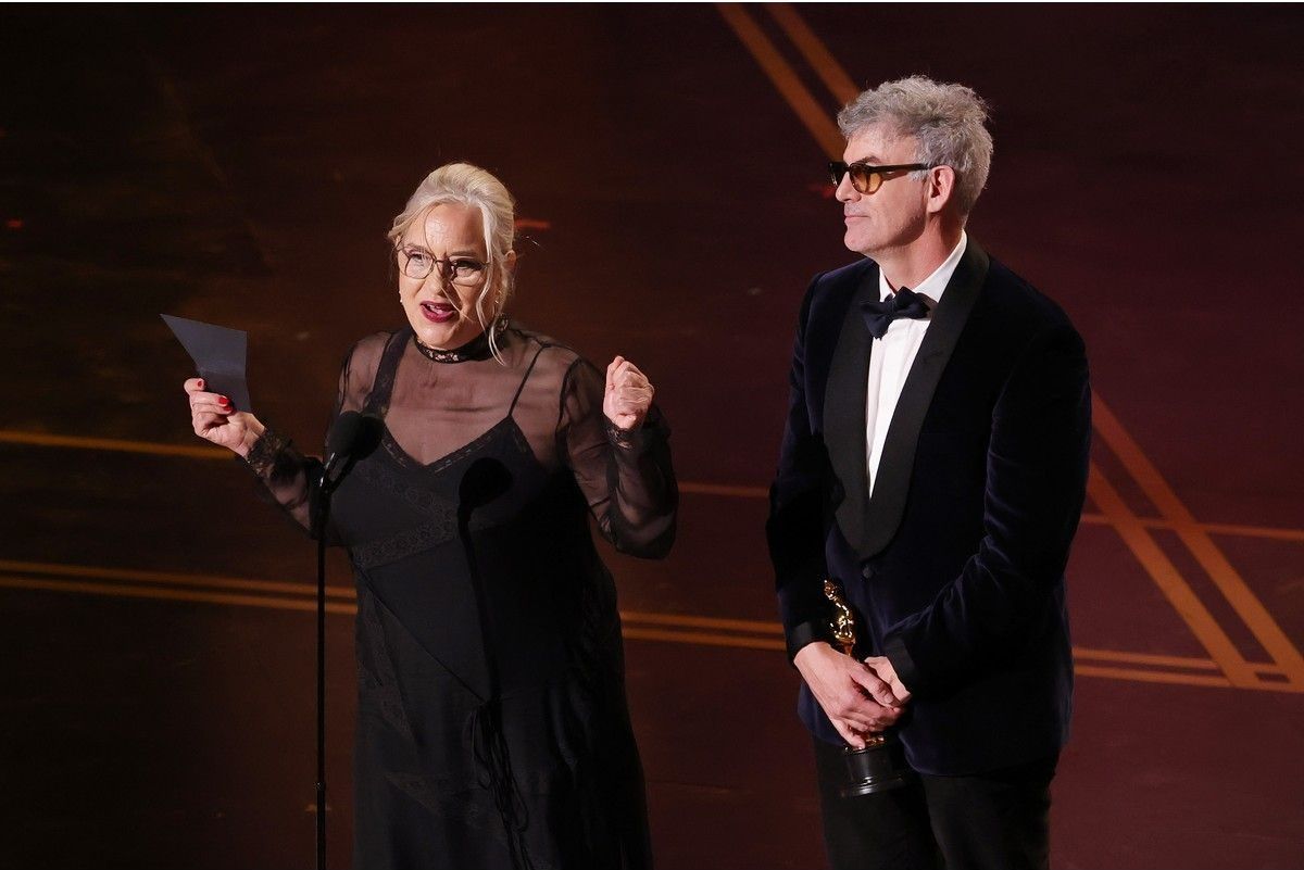  Tamara Deverell and Shane Vieau accept the Oscar for production design for Frankenstein onstage during the 98th Academy Awards at Dolby Theatre on Sunday in Hollywood, Calif.