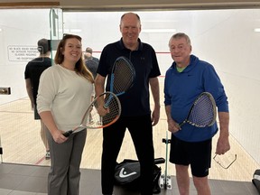 Campbell Webster, centre, a member of Squash P.E.I., is behind efforts to start an Atlantic university squash league and is currently talking to universities across the region. With him are Jo Dalimonte, left, communications director with Squash P.E.I., and Lyall Huggan, the former president of the UPEI basketball teams’ booster club, both of whom support the plan.