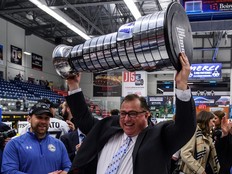 Paul Boutilier raises the President Cup after helping the Saint John Sea Dogs win the 2017 QMJHL championship. He was an assistant coach with the team.