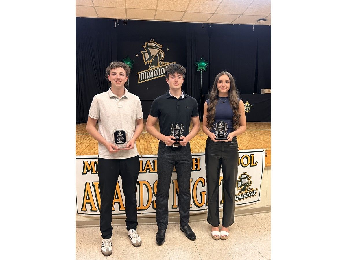 Nolan LeFrense, middle, and Josephine Young, right, are pictured with Memorial High School's student of the year Rory MacDougall. LeFrense and Young were named the Sydney Mines school's athletes of the year for the 2025-26 season. CONTRIBUTED