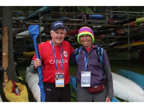 Bob Kay and Liz Elton after competing in the 75+ and 70+ canoe sprint races for team Canada on Saturday.