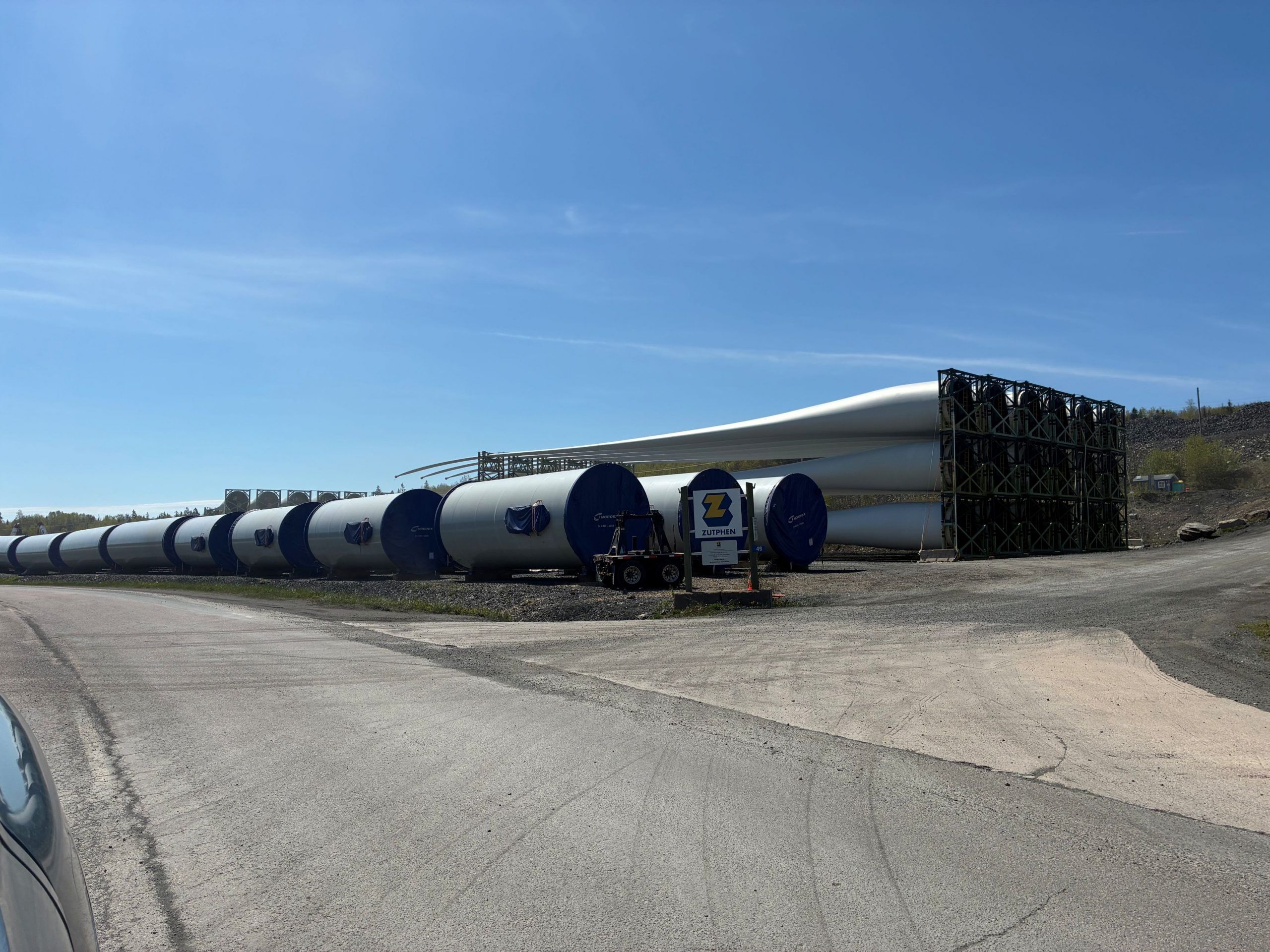 Components for wind farms being constructions across northern Nova Scotia are primarily coming ashore in Mulgrave. Pictured are components for one of many projects already under construction.