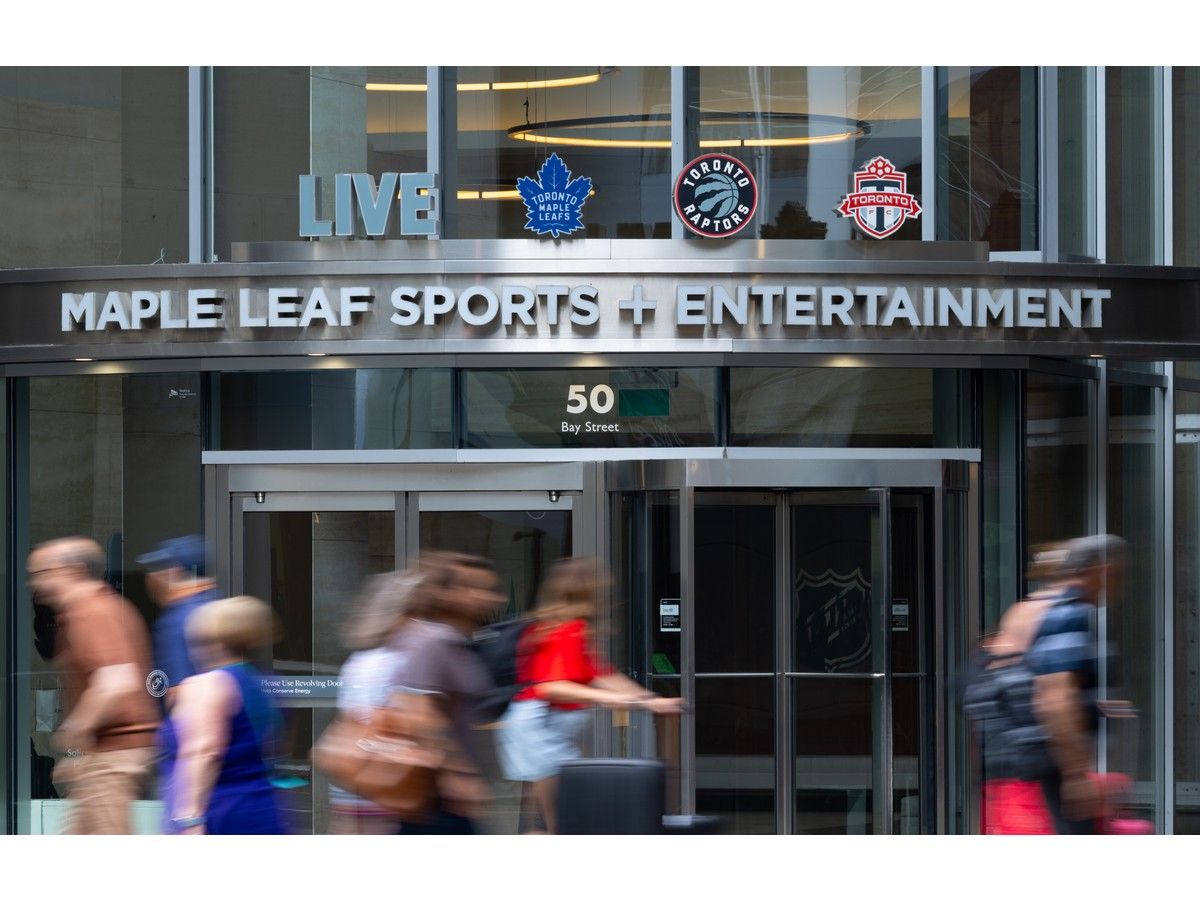 the facade outside the main entrance to the mlse offices at 50 bay st. in toronto on monday, july 6, 2026. rogers announced it has purchased the remaining 25% shares in mlse that it previously had not owned.