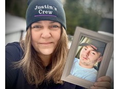 Journalist and mother Tina Comeau holds a photo of her son Justin Surette who died in January 2024 after years of battling addiction. She now spreads addiction awareness. TINA COMEAU