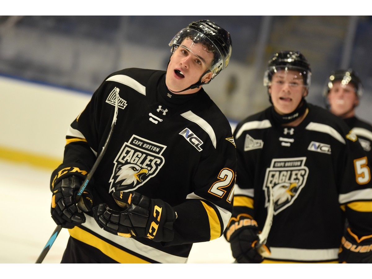 Gabriel Lopez-Courcy skates towards his team's bench after scoring a goal during an intrasquad game at Cape Breton Eagles training camp at Centre 200 in Sydney on Thursday. JEREMY FRASER/CAPE BRETON POST