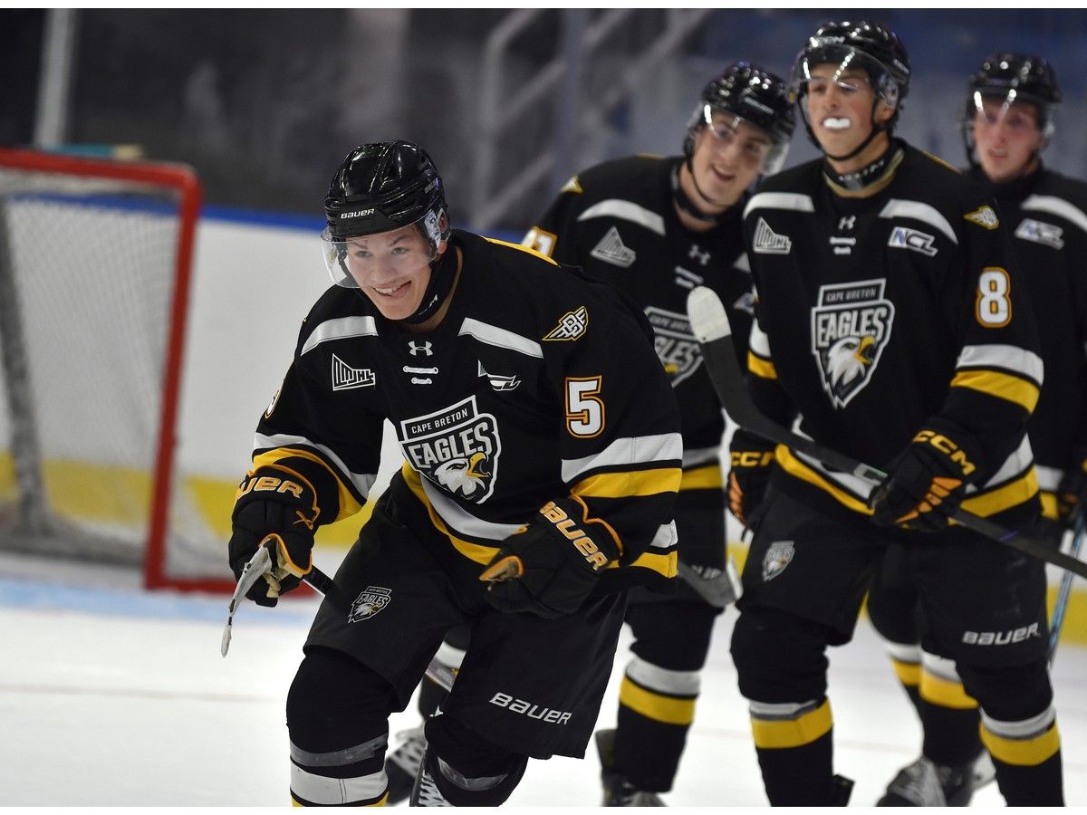 Jax Ginnish of Membertou leads the celebration line to the bench after he scored a goal during an intrasquad game at Cape Breton Eagles training camp at Centre 200 in Sydney on Thursday. JEREMY FRASER/CAPE BRETON POST