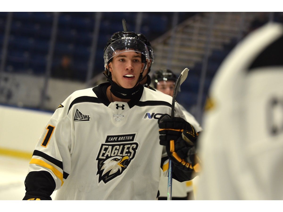 Cooper Ludwar celebrates with his teammates after scoring a goal during intrasquad action at Cape Breton Eagles rookie camp on Thursday at Centre 200 in Sydney. JEREMY FRASER/CAPE BRETON POST
