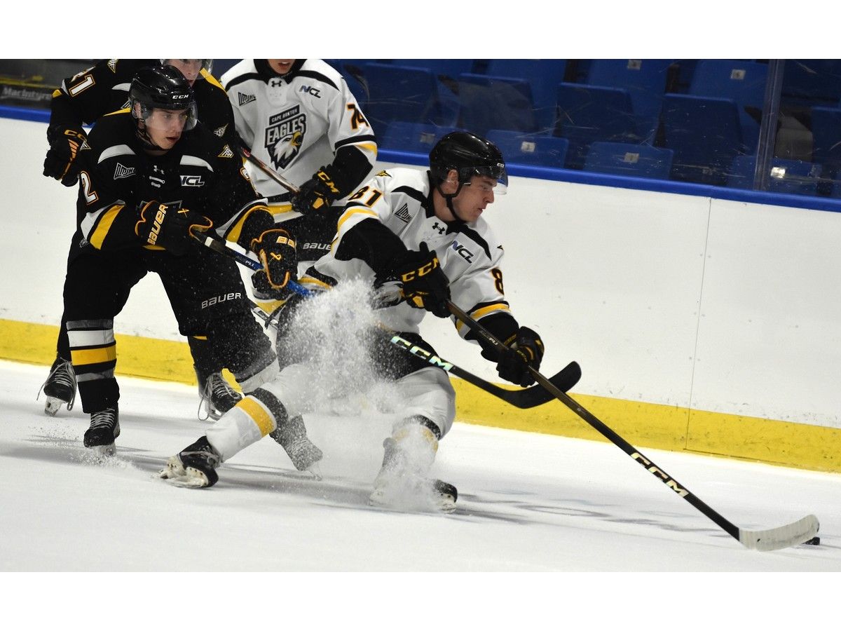 Brayden Reynolds, right, protects the puck as he's challenged by Arnaud Duchesne during intrasquad action at Cape Breton Eagles rookie camp at Centre 200 in Sydney on Thursday. JEREMY FRASER/CAPE BRETON POST