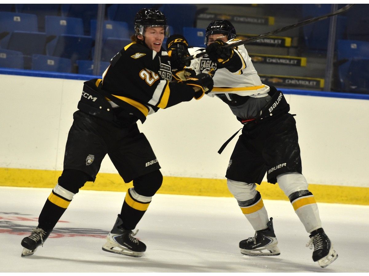 Arnaud Duchesne, left, and Luca De Pastena battle during an intrasquad game at Cape Breton Eagles training camp at Centre 200 in Sydney on Thursday. JEREMY FRASER/CAPE BRETON POST