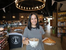 Fatima Selini, co-owner of Le Marche Parisien, in the French cafe and market near Bedford on Thursday.