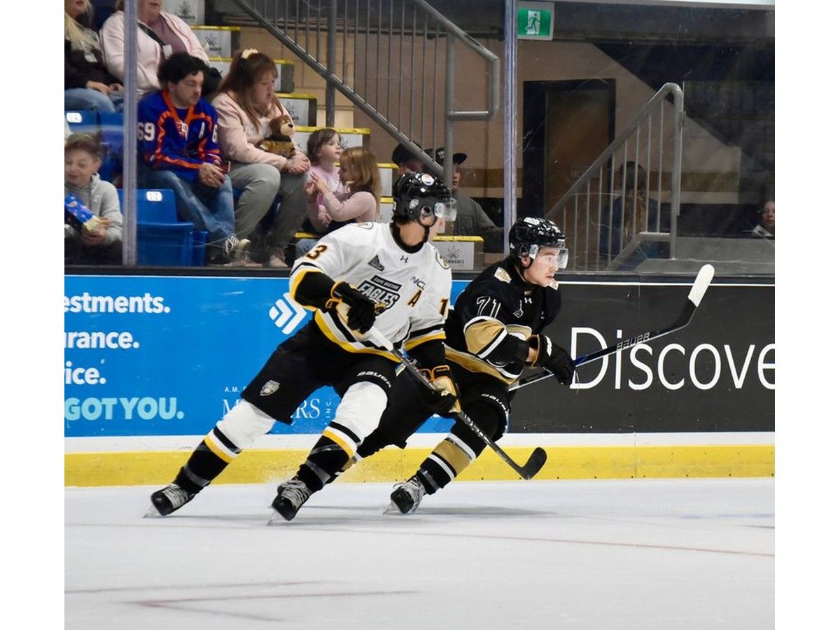 Cape Breton Eagles defenceman Alonso Gosselin, left, and Cameron Haye of the Charlottetown Islanders watches the play during Quebec Maritimes Junior Hockey League action at Eastlink Centre in Charlottetown on Friday. CONTRIBUTED/CHARLOTTETOWN ISLANDERS
