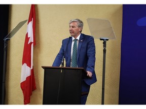Premier Tim Houston delivering an address at the Best Western Glengarry in Truro on Aug. 4. (Aidan Rawding)