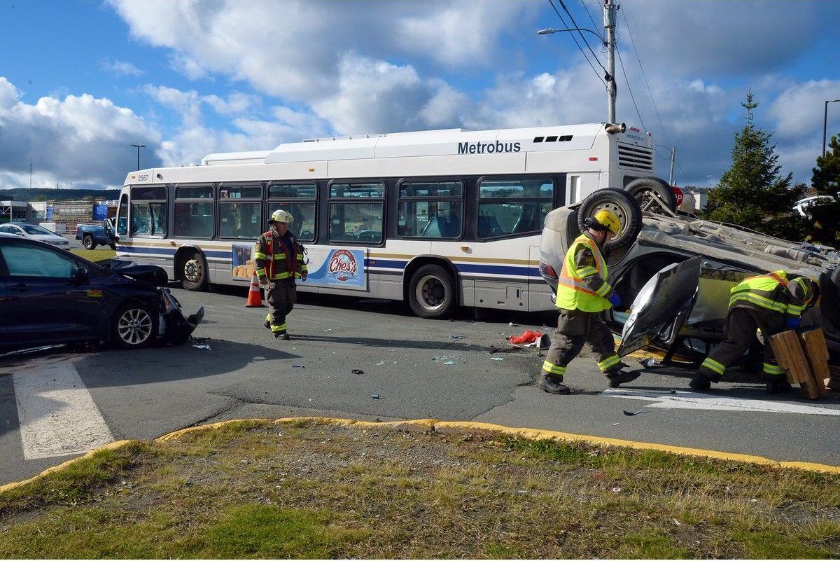 Two people were sent to hospital following a three-vehicle collision in St. John’s Sunday afternoon, Oct 11, 2026.