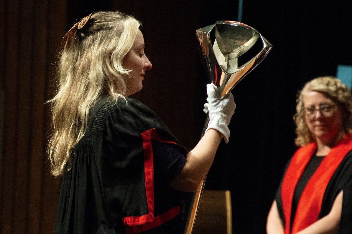 Mace bearer Zaren Healey White carries in the mace at the start of Memorial University of Newfoundland and Labrador’s fall convocation session Thursday afternoon Oct. 15, 2026