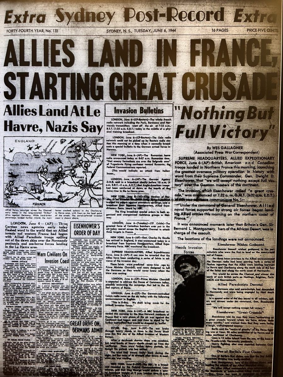 Front page of the Sydney Post-Record for June 6, 1944.