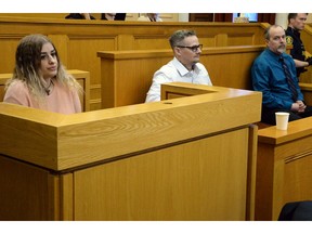 Stephanie Noftall, Terry Cole (center) and Matthew Kavanagh sit in Supreme Court of Newfoundland courtroom 4 October 19, 2026.