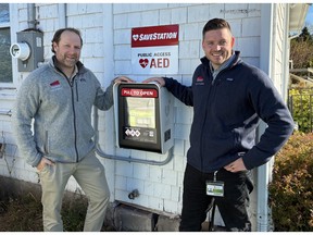 Dan MacDonald, left, and Nate Visser started Minutes for Life, an initiative of P.E.I. medical students, which aims to put an automated external defibrillator (AED) on the outside of public buildings across the province. The idea is to make the devices accessible around the clock. The first one has been located on the outside of the Argyle Shore Community Centre. Dave Stewart