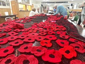 After volunteers with the Wedgeport Legion Ladies Auxiliary, and others, knitted and crocheted 1,000 poppies, they were tied onto netting to eventually be draped in front of the Wedgeport Legion. TINA COMEAU