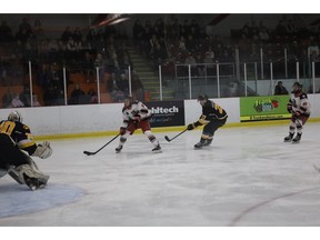 Truro Mosaik Bearcats forward G Blackmore, second from the left, scored the opening goal of the night at the Colchester Legion Stadium on Oct. 10. Blackmore recorded a three-point game in the home opener with two goals and an assist.