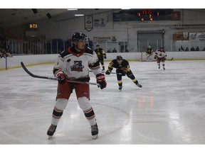 Truro Mosaik Bearcats defenceman Alex Anthony, left, during the Oct. 10 home opener against the Antigonish Bulldogs at the Colchester Legion Stadum. Anthony contributed an assist to one of Bearcats captain Colin Campbell's goals in the first period.