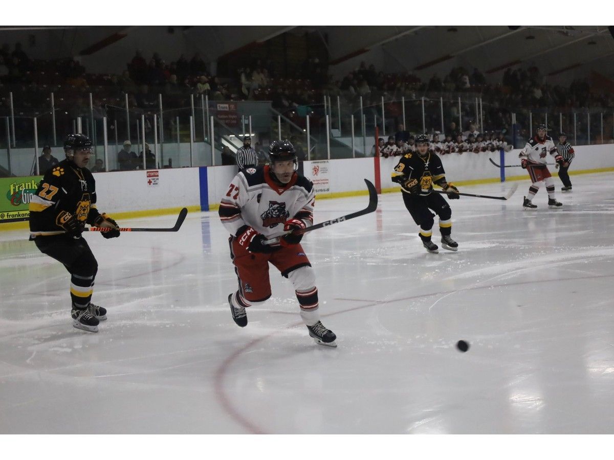Truro Mosaik Bearcats forward Bruce Gillis, middle, looks to retrieve the puck ahead of Antigonish Bulldogs defenceman Alex Saunders, left, and forward Dylan Burton, at Colchester Legion Stadium in Truro on Oct. 10.